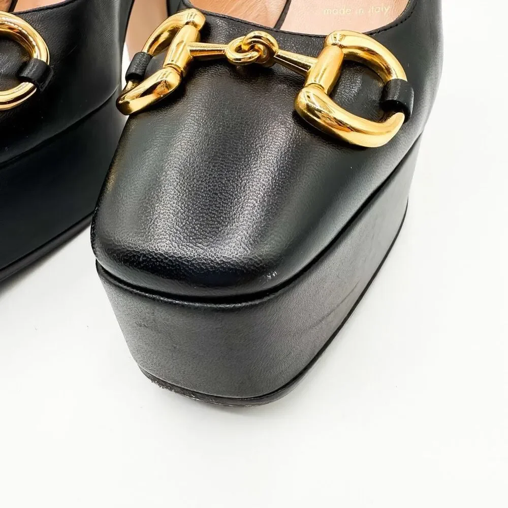 Gucci Horsebit Baby120 Platform Pumps EU 37 US 7 Black Leather Slingback